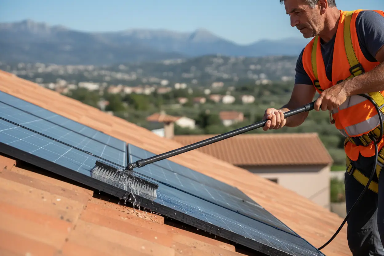 Nettoyage de panneaux solaires sur toitures résidentielles à Nice